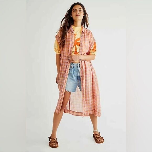 NWT Free People Isabelle Plaid Maxi Shirt Dress Duster pink/orange L - Picture 1 of 5